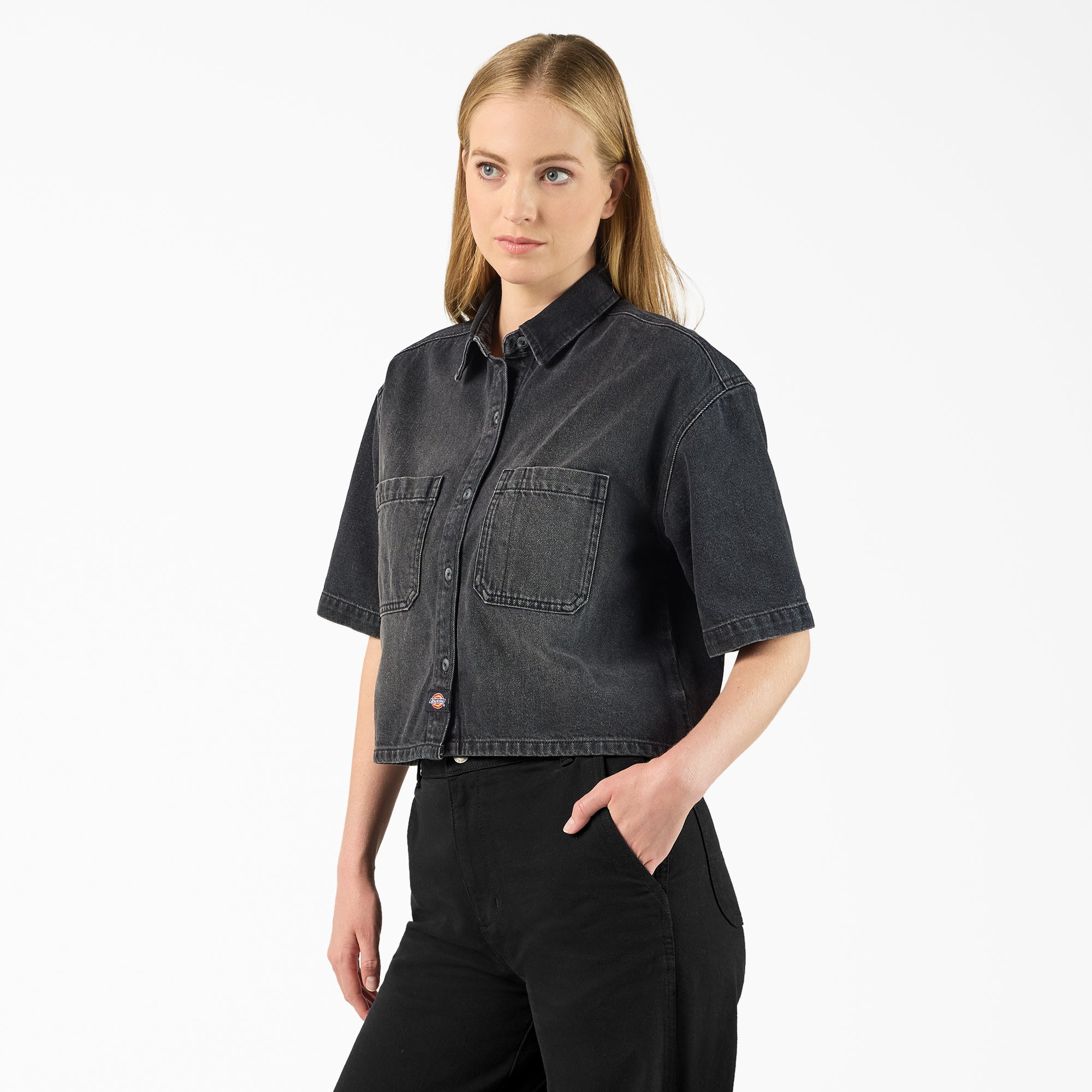 Women's Cropped Denim Work Shirt - Image 3